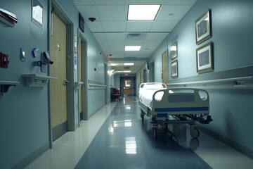 Empty hospital bed stands in the middle of a deserted hospital corridor, creating a sense of anticipation and stillness