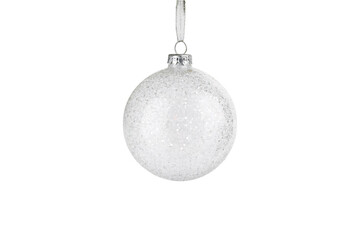 White frosted Christmas ornament ball with silver cap and ribbon, isolated on a transparent background