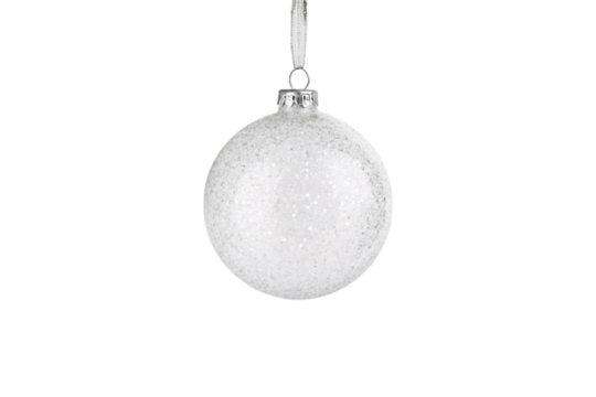 White frosted Christmas ornament ball with silver cap and ribbon, isolated on a transparent background