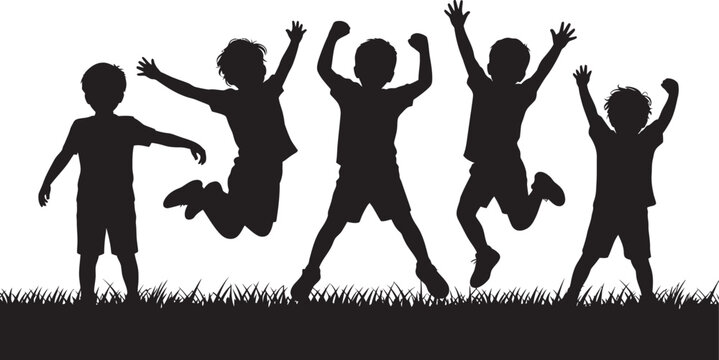 Five silhouetted children jumping joyfully in the grass on a white background