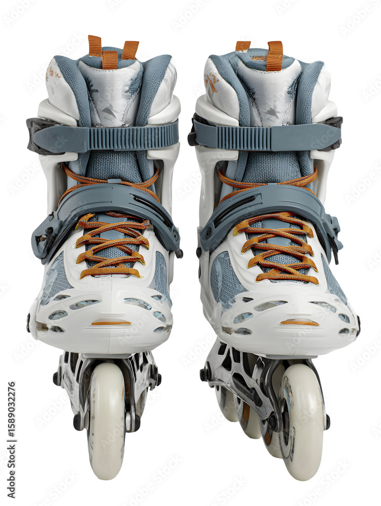 Poster inline skates positioned upright on a clean surface, showcasing design details and colors