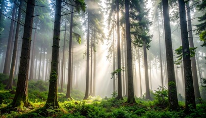 Obraz premium Dense foggy forest with towering trees, mist swirling around trunks, captured in sharp detail