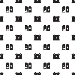 Seamless pattern with accumulator and battery symbols. Electric car battery, texture isolated on white background. Black auto accumulator icons. Zero waste, ecological transport.