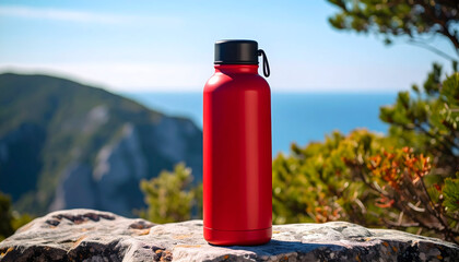 Red Water Bottle on Mountaintop Overlooking Ocean