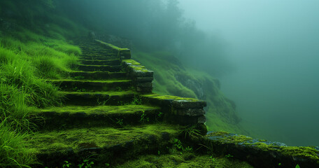 Stone Stairway Ascending Lush Green Hill in Fog natural background
