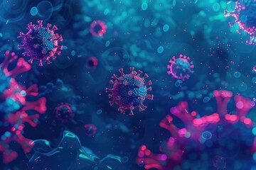 Fototapeta premium Coronavirus particles floating in a liquid environment, illustrating the spread and infection process of the virus