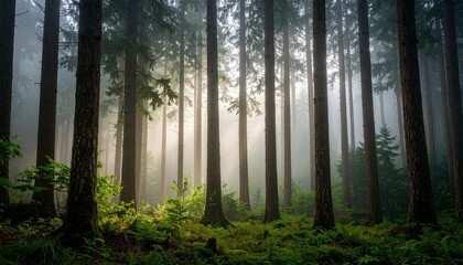 Obraz premium Dense foggy forest with towering trees, mist swirling around trunks, captured in sharp detail