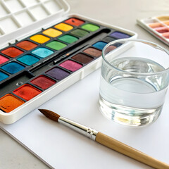 Watercolor paints, brush, and glass of water on white background, perfect for art and creativity themes.