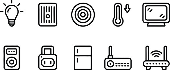Smart Home Device Icons: IoT, Automation, Lighting, Climate, Security, and Network Vectors