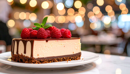 Raspberry Cheesecake Slice with Chocolate Drizzle on White Plate