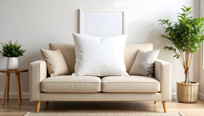 Beige Sofa with White Pillow and Green Plants in Minimalist Living Room