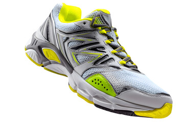 Close-up of a modern athletic sneaker showcasing vibrant colors and design, isolated against a white background