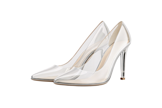 Two clear transparent glass high heel shoes with pointed toes and crystal-like stiletto heels, isolated on a transparent background