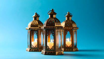 Three Ornate Golden Lanterns with Candles on Blue Background