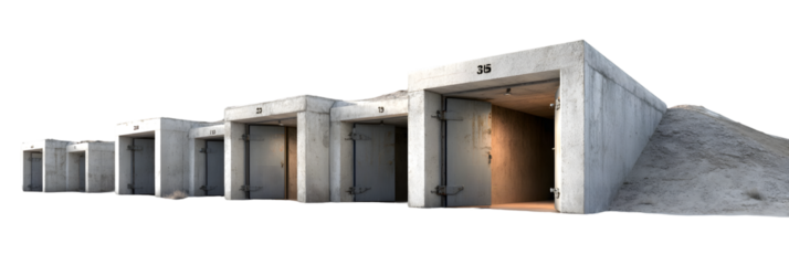 Concrete storage units lined up in a row, with one door slightly open, illuminated from within