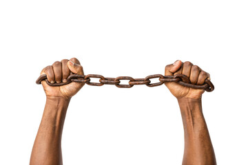 Two hands gripping a rusty brown chain with clenched fists pulling apart, isolated on a transparent background