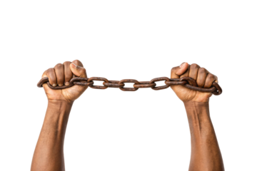 Two hands gripping a rusty brown chain with clenched fists pulling apart, isolated on a transparent background