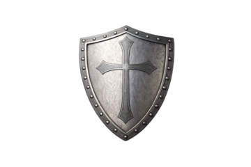 Silver medieval shield with embossed cross design featuring textured metal surface and riveted border construction, isolated on a transparent background