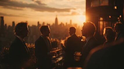 Business professionals socializing and networking during sunset on rooftop terrace with city skyline in background - Powered by Adobe