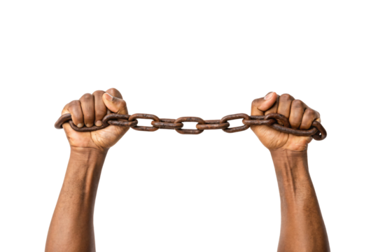 Two hands gripping a rusty brown chain with clenched fists pulling apart, isolated on a transparent background