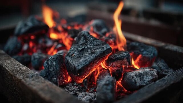 Hot glowing charcoal embers in a rustic outdoor barbecue grill with flickering flames and ash, ideal for grilling, cooking, outdoor activity, rustic style