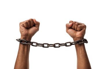Two clenched fists connected by a dark metal chain showing strength and bondage, isolated on a transparent background