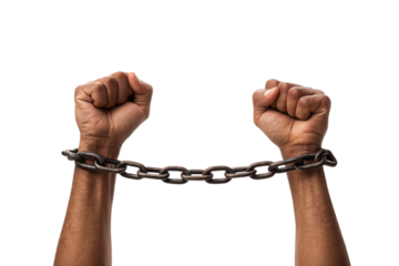 Two clenched fists connected by a dark metal chain showing strength and bondage, isolated on a transparent background