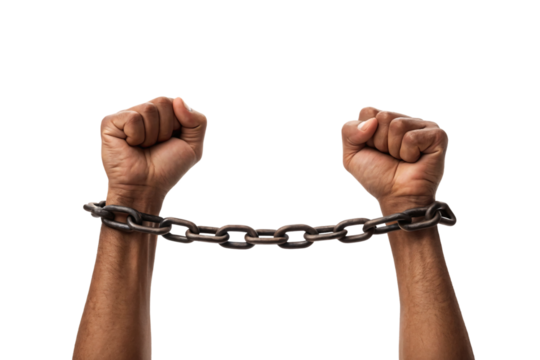 Two clenched fists connected by a dark metal chain showing strength and bondage, isolated on a transparent background