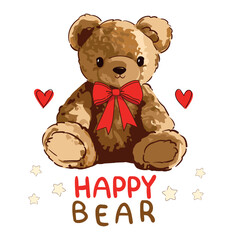teddy bear and red bow vector hand drawn illustration cute print design for kids 