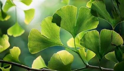 zoomed in view of bright green ginkgo leaves background of natural greenery