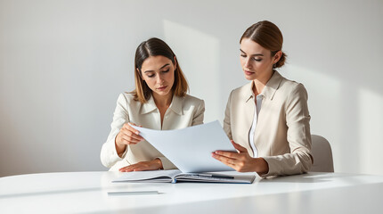 Two Professional Business Women Colleagues Reviewing Documents Papers in Modern Office Meeting Collaboration Teamwork Corporate Environment