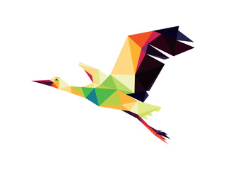 Stork Bird in colorful Polygonal low poly.  Stork abstract Vector Illustration. White Egret colorful logo.