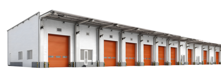 Modern warehouse with multiple loading docks, featuring bright orange doors and clear blue sky