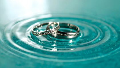 Two Silver Wedding Rings Resting on Aqua Water Surface with Ripples