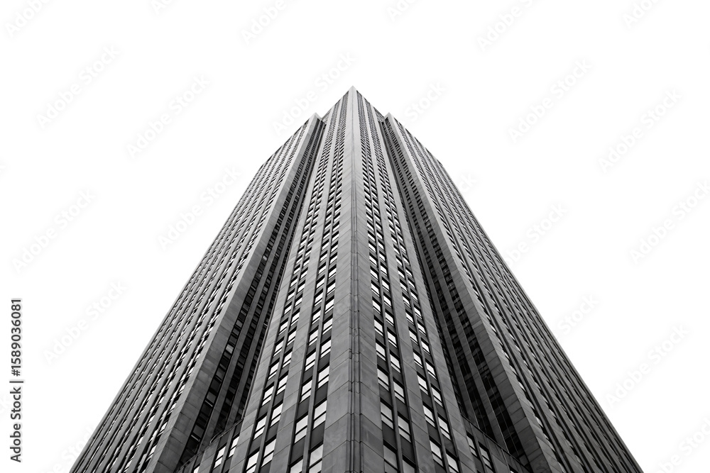 Poster modern high-rise building with glass windows and concrete structure viewed from ground level, isolat