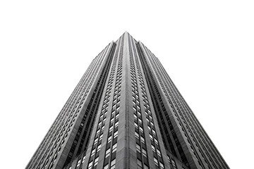 Modern high-rise building with glass windows and concrete structure viewed from ground level, isolated on a transparent background