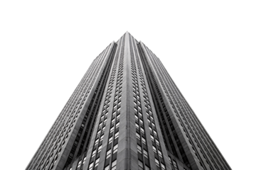 Modern high-rise building with glass windows and concrete structure viewed from ground level, isolated on a transparent background