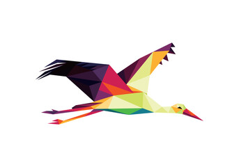 Stork Bird in abstract colorful Polygon low poly.  Stork triangle Vector Illustration. White Egret colorful logo.