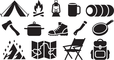 Collection of black and white camping and outdoor adventure icons on a white background