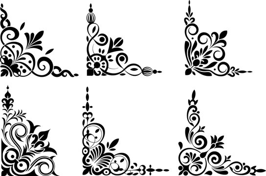 Black symmetrical floral silhouette with swirling patterns and geometric corner motif for elegant decorative designs

