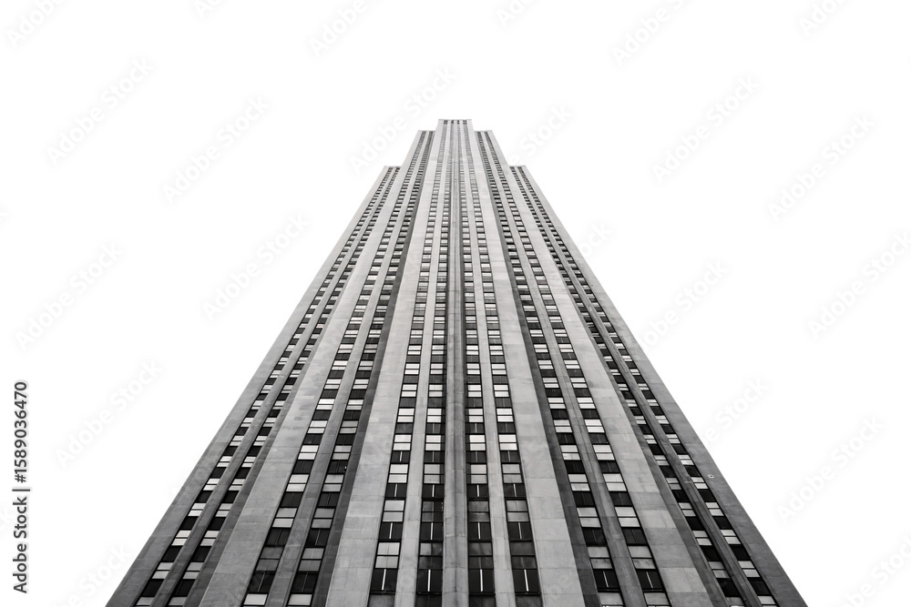 Poster art deco style building facade with symmetrical windows and vertical lines in monochrome, isolated o