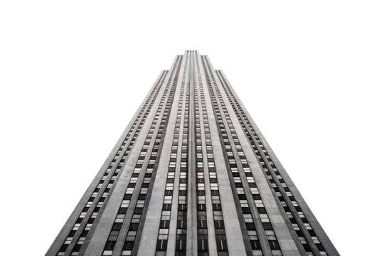 Art deco style building facade with symmetrical windows and vertical lines in monochrome, isolated on a transparent background
