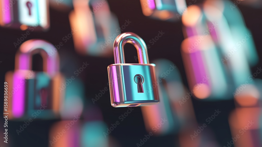 Poster neon-lit padlock in a digital array