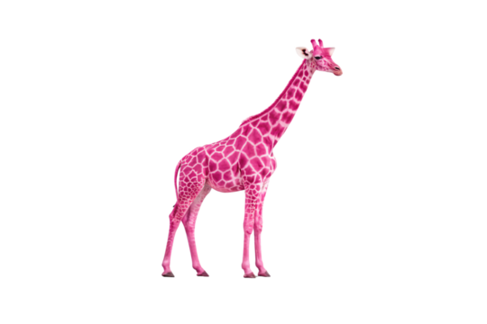 Pink giraffe with purple spots standing gracefully with long neck and legs, isolated on a transparent background