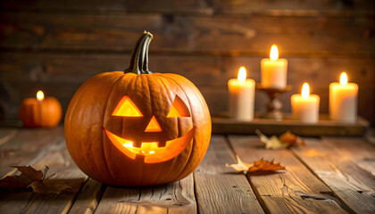 Illuminated Jack-o'-Lantern with Candles on Rustic Wooden Table