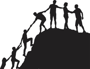 Teamwork silhouette of people helping each other climb a mountain peak