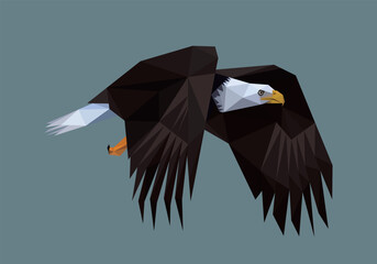 Flying Great Eagle in polygon low poly. Eagle in abstract triangle vector. Eagle Low Poly American Logo