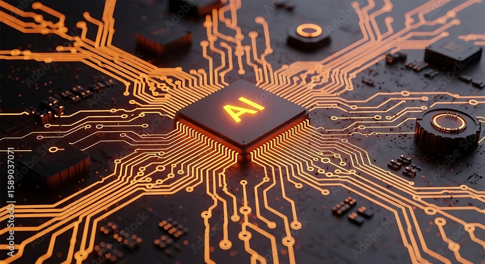 Poster artificial intelligence chipset with orange circuit board pattern