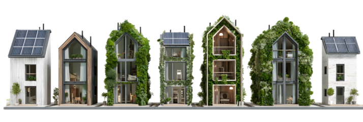 Modern eco-friendly houses featuring solar panels and greenery, showcasing sustainable living in an urban setting