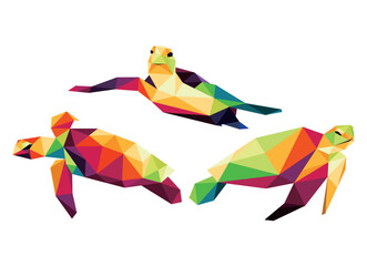 Turtle Animal Set in low poly polygonal Colorful.  Swimming Turtle Icon in abstract colorful logo. Vector of Turtle collection.